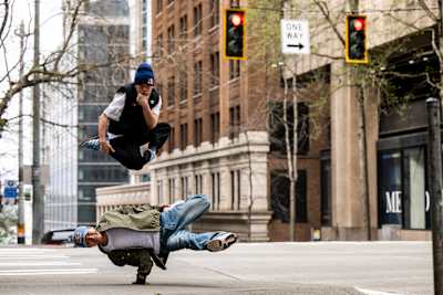 B-boy Issin and B-boy Shigekix from The Red Bull BC One Allstar Japan pose for a portrait prior to the Red Bull Lords of The Floor in Seattle, USA on April 6, 2024. 