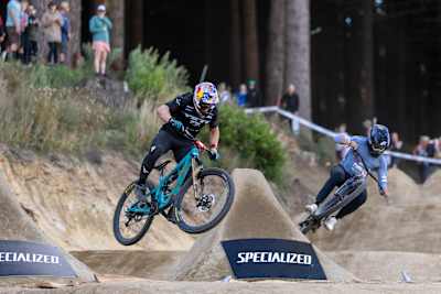 Richie Rude and Competitor  perform during the Specialized Dual Slalom at Crankworx in Rotorua, New Zealand on March 9, 2025.