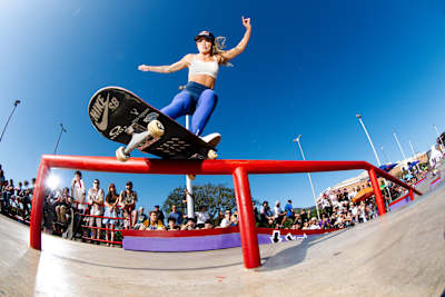 Skateboarding icon Leticia Bufoni executes a perfect frontside feeble grind during the Red Bull Drop In Tour in Florianopolis, Brazil, 2024.