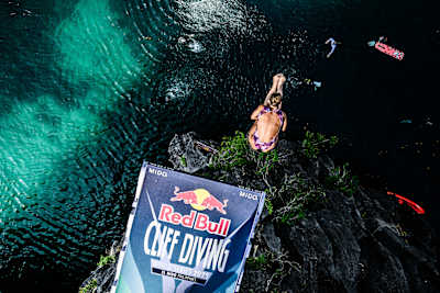 Kaylea Arnett showcases skill as she dives from 21 metres during the Red Bull Cliff Diving World Series stop at the enchanting Big Lagoon in El Nido, Philippines, April 2025