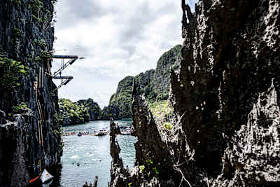 Gary Hunt takes a daring 28m dive into the Big Lagoon during the 2025 Red Bull Cliff Diving World Series first stop in El Nido, Philippines