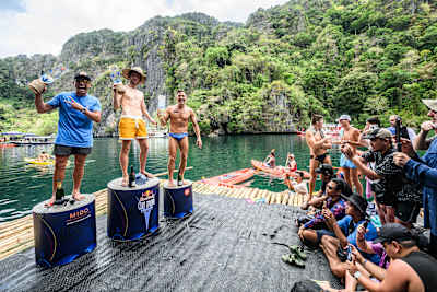 Jonathan Paredes, Gary Hunt, and Constantin Popovici celebrate their incredible performance at the 2025 Red Bull Cliff Diving World Series premiere in El Nido, Philippines