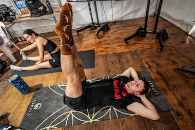 Aidan Heslop and Simone Leathead warm up at the 2024 Red Bull Cliff Diving finale in Sydney, showcasing their focus and energy before the final competition