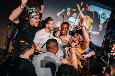 Christ 'Akainu' Onema celebrating the win at Red Bull Kumite Last Chance Qualifier in Paris, France.