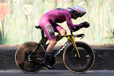 Wout van Aert competing in the Tirana time trial of the Giro d'Italia 2025.