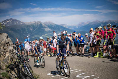 Wout Van Aert climbing up the Col du Noyer during Stage 17 of the 111th Tour de France on July 17, 2024.