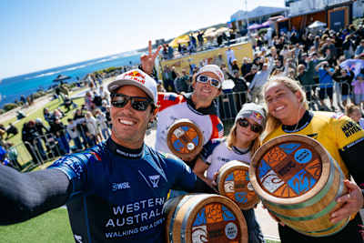 On May 27, 2025, Jordy Smith, Griffin Colapinto, Gabriela Bryan and Caitlin Simmers hold trophies at the Western Australia Margaret River Pro.