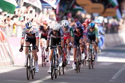 Cyclists race for the win at the front of Giro d’Italia 2025 stage 18, battling through the streets from Morbegno to Cesano Maderno, Italy, in a thrilling showcase of speed and stamina.