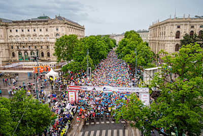 Runners gather in Vienna, Austria, for the start of 2025 Wings for Life World Run, supporting spinal cord research.