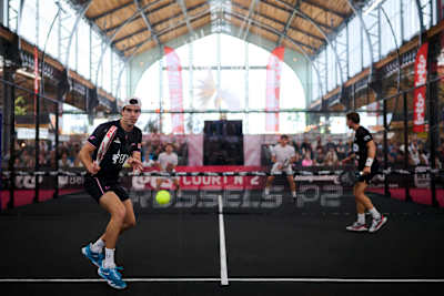 Juan Lebron, in action during the quarter-finals of the Brussels Premier Padel P2 tournament in Belgium on April 25, 2025.