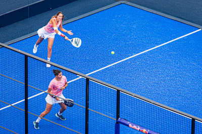 Delfina Brea Senesi of Argentina and Gemma Triay Pons of Spain compete during the BNL Italy Major Premier Padel final match held at the Foro Italico in Rome, Italy on June 15, 2025. 