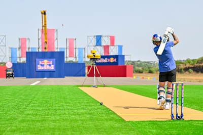 England's Ben Stokes swings big during the Red Bull Cricket Challenges in Mumbai, India, on April 25, 2025, bringing dynamic cricket action to the heart of the city