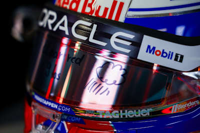 The race helmet of Max Verstappen in the garage prior to qualifying ahead of the F1 Grand Prix of Brazil at Autodromo Jose Carlos Pace on November 02, 2024 in Sao Paulo, Brazil. 