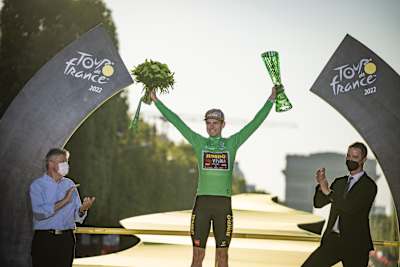 Wout van Aert (BEL) celebrates the Green Jersey overall victory after the 2022 Tour de France has finished at the famous Champs-Elysées in Paris, France