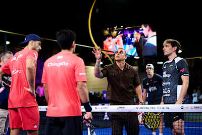 Alejandro Galan, Federico Chingotto, Daddy Yankee and Franco Stupaczu prior the finals of the Motorola Razr Miami Premier Padel P1 in Miami, USA on March 23, 2025.