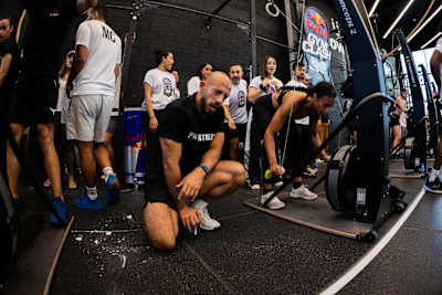 Competitiors look exhausted during a Red Bull Gym Clash competition.