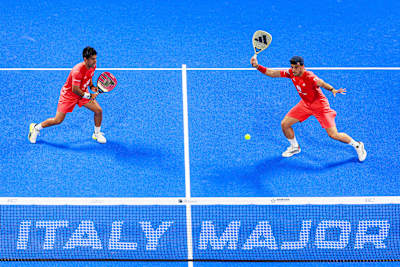 Federico Chingotto (L) of Argentina and Alejandro Galan of Spain compete during the BNL Italy Major Premier Padel final match held at the Foro Italico in Rome, Italy on June 15, 2025.