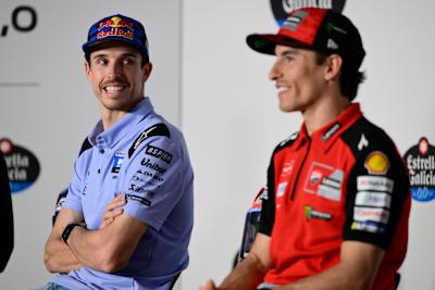 Álex Márquez and Marc Márquez seen at the press conference during Stop 05 of the MotoGP World Championship in Jerez, Spain on April 24, 2025.