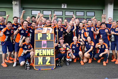 Pedro Acosta and the Red Bull KTM team at MotoGP World Championship Stop 12 on July 19, 2025 in Brno, Czech Republic. 