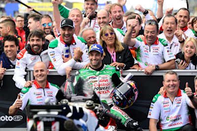 Johann Zarco celebrates victory for LCR Honda at the 2025 MotoGP of France.