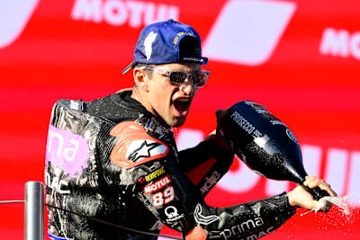 Jorge Martin celebrating during the MotoGP Race in Barcelona, Spain on November 17th, 2024. 