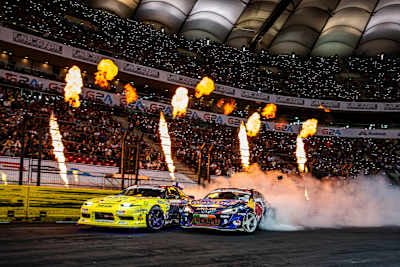 Lauri Heinonen of Finland and Conor Shanahan of Ireland seen during the final stop of the Drift Masters European Championship in Warsaw, Poland on September 16, 2023. 