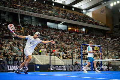 Juan Lebrón Chincoa of Spain competes alongside Franco Stupaczuk in the Alpine Paris Major Premier Padel semi-final at Roland Garros Stadium, Paris, on September 13, 2025