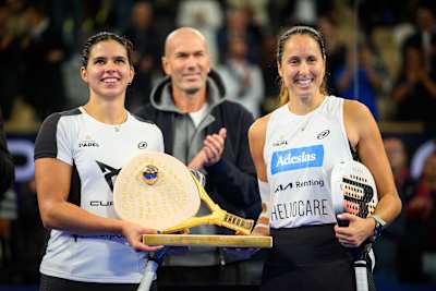 On 14 September 2025, Delfina Brea Senesi and Gemma Triay Pons proudly hold the first place trophy after their Premier Padel Alpine Paris Major victory at Roland Garros Stadium in Paris, France.