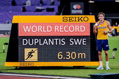 Armand Duplantisposes with his new world record height of 6.3m in men’s pole vault during World Athletics Championships 2025 in Tokyo, Japan, on September 15, 2025.