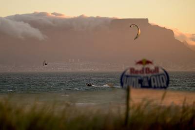 Andrea Principi catches massive air at Red Bull King Of The Air 2024, with Cape Town's iconic Table Mountain in the background