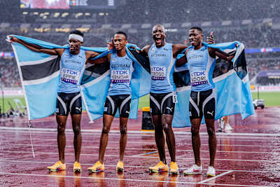 Team Botswana celebrates their men’s 4x400m relay triumph led by Letsile Tebogo at the World Athletics Championships 2025 in Tokyo, Japan.