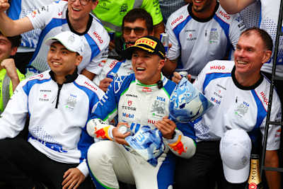 Third placed Isack Hadjar of France and Visa Cash App Racing Bulls celebrates with his team during the F1 Grand Prix of Netherlands at Circuit Zandvoort on August 31, 2025.