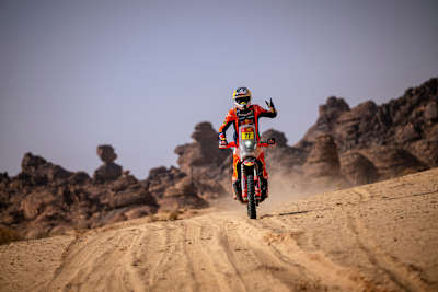Luciano Benavides (ARG) of Red Bull KTM Factory Racing seen at the marathon bivouac after stage 4 of the 2026 Rally Dakar in Al Ula, Saudi Arabia on January 7, 2026. 