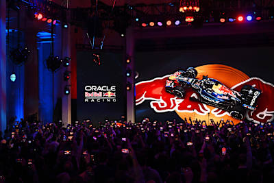  The Oracle Red Bull Racing livery is unveiled on stage during the Red Bull Racing season launch at Michigan Central Station on January 15, 2026 in Detroit, Michigan.