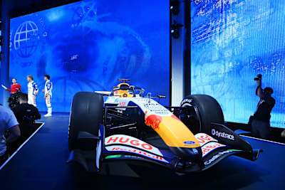 Arvid Lindblad and Liam Lawson of Visa Cash App Racing Bulls unveil their new livery at the team's season launch at Michigan Central Station on January 15, 2026 in Detroit, Michigan.