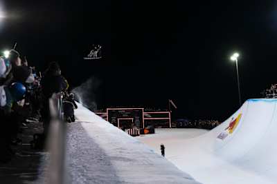 Valentino Guseli catches massive air in the Snowboard Halfpipe contest at the Laax Open in Laax, Switzerland, wowing the crowd on his way to third place on January 17, 2026.