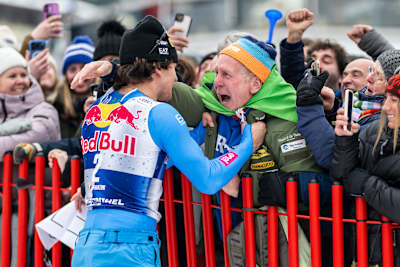 Italian skier Giovanni Franzoni celebrates in the finish area of the Streif downhill race in Kitzbühel, Austria in January 2026. 