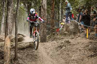 Gracey Hemstreet navigates rocks at Red Bull Hardline, Tasmania, in 2025.
