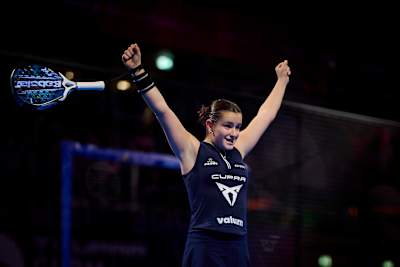 Martina Calvo Santamaria celebrates during the Premier Padel P2 Düsseldorf final at Esprit Arena, Germany.