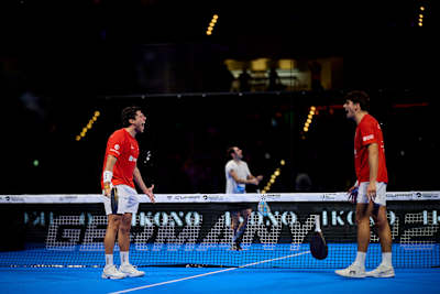 Agustín Tapia and Arturo Coello battle at the net during the Premier Padel P2 Düsseldorf final at Esprit Arena, Germany, on 6 October 2026