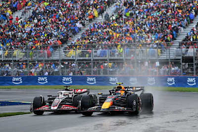 Sergio Perez leads Kevin Magnussen at the 2024 Canada Grand Prix