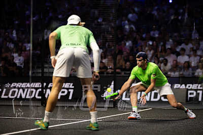 Juan Lebrón of Spain in action during the 2026 London Premier Padel P1 semifinal match held at the Olympia in London, Great Britain in August.