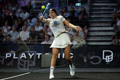 Delfina Brea Senesi strikes the ball during the 2026 London Premier Padel P1 final at Olympia in London, Great Britain, on 9 August 2026.