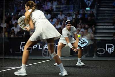 Delfina Brea of Argentina tracks the ball during the 2026 London Premier Padel P1 final at Olympia London, Great Britain, on 9 August 2026.