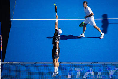 Alejandro Galán and Juan Lebrón in action during the BNL Italy Major Premier Padel semi-final match held at the Foro Italico in Rome, Italy on June 6, 2026.