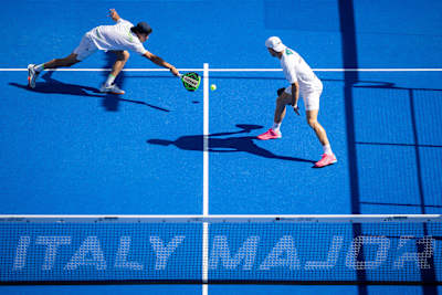Juan Lebrón of Spain and Leandro Roman Augsburger of Argentina in action during the BNL Italy Major Premier Padel semi-final match held at the Foro Italico in Rome, Italy on June 6, 2026.