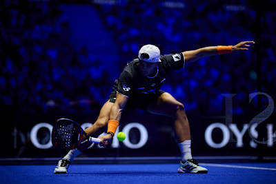 Alejandro Galán unleashes a powerful shot during the Premier Padel P1 Madrid quarter-finals in Madrid, Spain, in September 2026