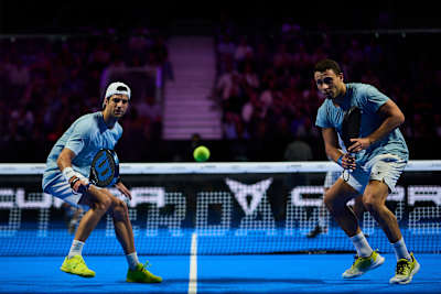 Jeronimo Gonzalez and Lucas Campagnolo battle at the net during the Premier Padel P2 Rotterdam quarter-finals in the Netherlands on 2 October 2026