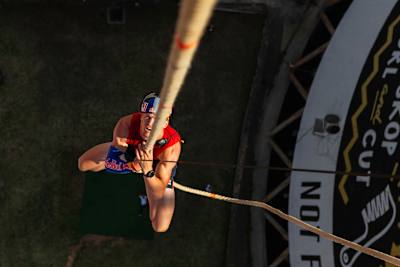 Thomas van Tonder is seen setting a Guinness World Record for fastest 50m rope climb at Red Bull Rising With The Sun in Soweto, South Africa on November 17, 2020.   