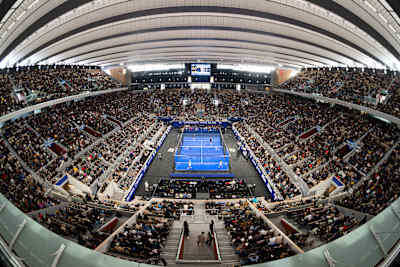 Crowds fill Roland-Garros as Alejandro Galán, Federico Chingotto, Arturo Coello, and Agustin Tapia compete in the 2024 Greenweez Paris Major in Paris, France